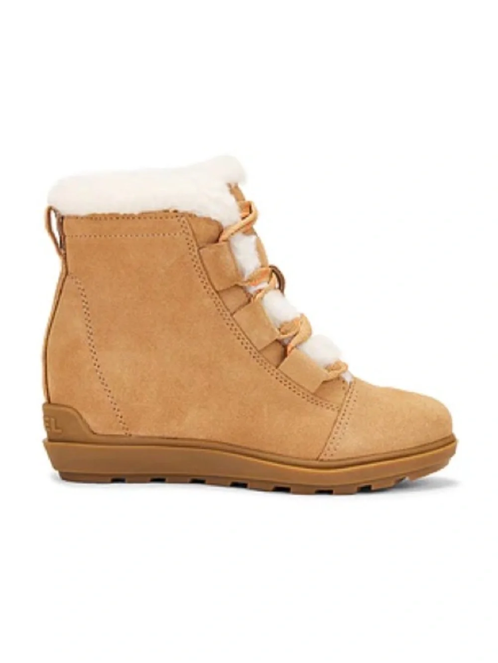 Sorel Evie ll Tan Suede waterproof Lace-Up Winter Boots White Fleece Lining NWT